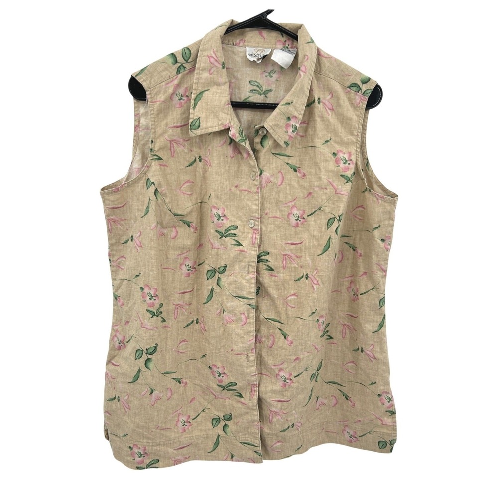Linen Blend Floral Button Up Tank 2X 3X Beige Sleeveless‎ Boho Cottagecore